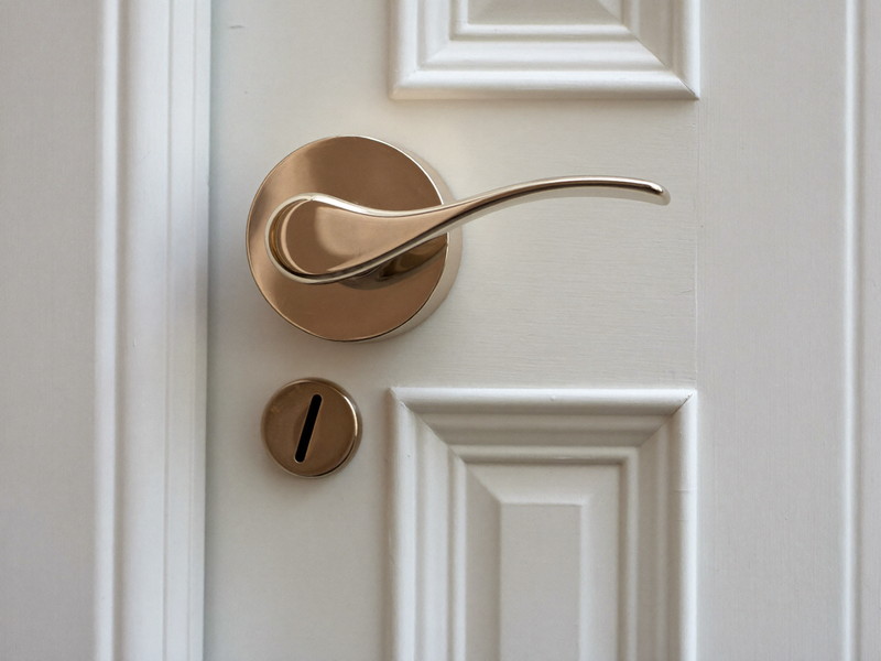 Macro detail photograph of a plain brushed nickel thumb latch on a white painted paneled door, completely smooth blank and unmarked metal