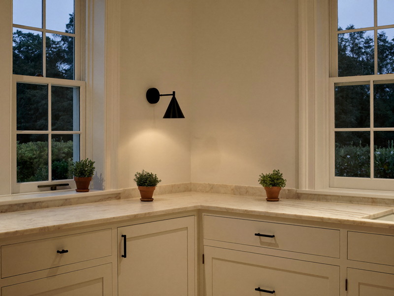 A corner of a finished colonial kitchen at evening: cream cabinetry, soapstone counter, black metal sconce lit, small potted herbs in plain terracotta