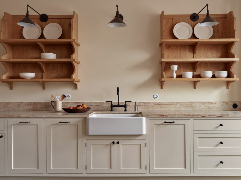 Wide editorial photograph of a completed colonial family kitchen: cream inset cabinetry, soapstone counters, black metal library lights, white apron sink