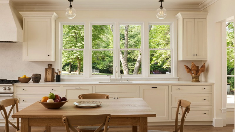 A bright New England farmhouse-style kitchen with cream cabinetry, a wall of double-hung windows overlooking a leafy back yard with mature trees