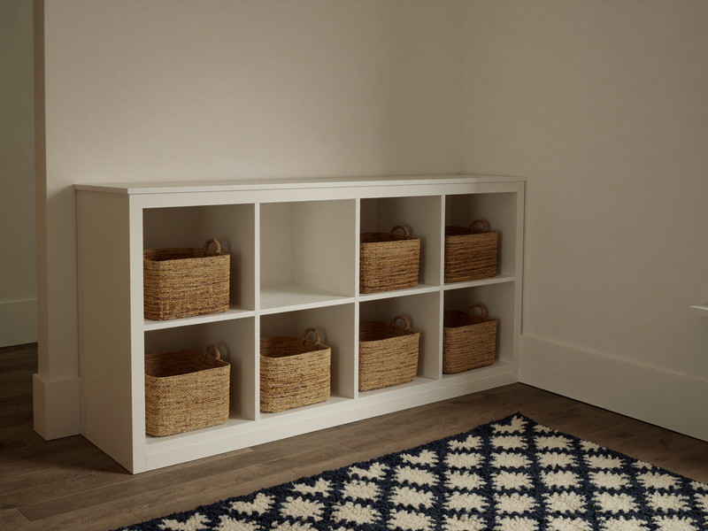 A calm finished basement family corner in soft lamplight: a low warm white built-in cubby unit where each cubby holds a single empty woven basket, every