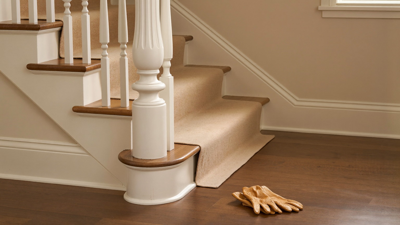 A quiet work moment in the front hall of a comfortable Medway Massachusetts colonial: a fitted tan wool stair runner wrapping the bottom tread beside a white newel post, completely plain bare tan leather work gloves lying on the oak floor, warm window light