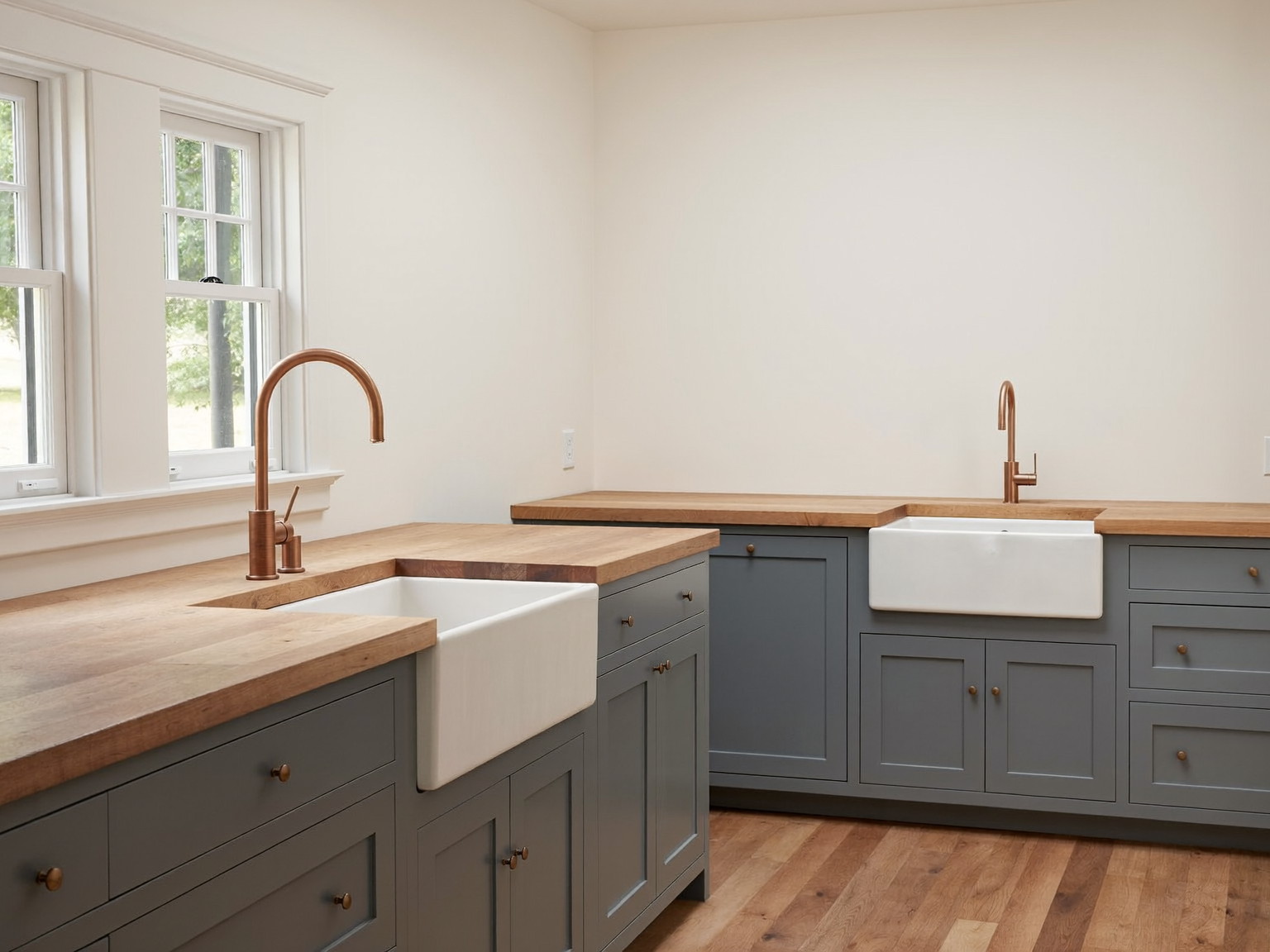 Down the counter run of a renovated Medway family kitchen: soft blue-gray shaker cabinetry, thick butcher-block counters, a white farmhouse sink and a smaller prep sink, brushed copper bridge faucets with smooth faces, windows with muntins, warm white walls, oak floor, every wall surface completely plain and bare