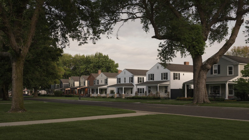 A quiet Medway Massachusetts residential street in soft evening light: comfortable established colonials, capes, and split-levels set apart on deep green