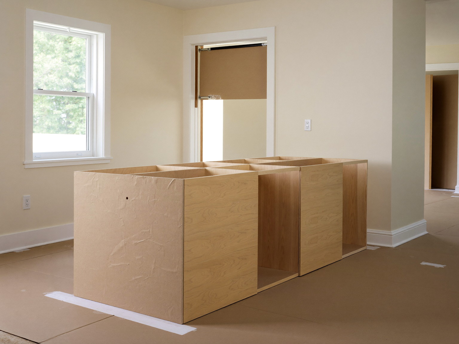 A tidy kitchen renovation in progress in a comfortable colonial, completely unoccupied: sturdy plywood cabinet boxes with solid sides installed in a row