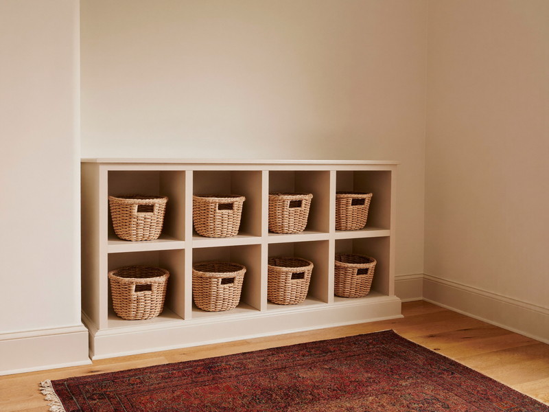 A calm finished basement play corner in soft lamplight: a low cream built-in cubby unit where each cubby holds a single empty woven basket, every basket