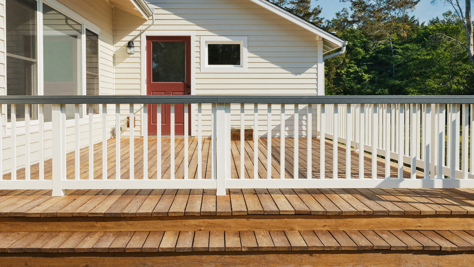 A newly refreshed wooden deck on the back of a well-kept Millis Massachusetts colonial, photographed like a magazine feature: warm honey-toned