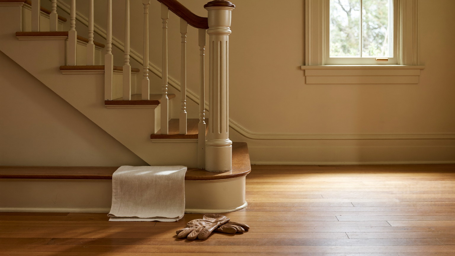 A quiet work moment in the front hall of a well-kept Millis Massachusetts colonial: a folded canvas drop cloth resting on the bottom stair tread beside a