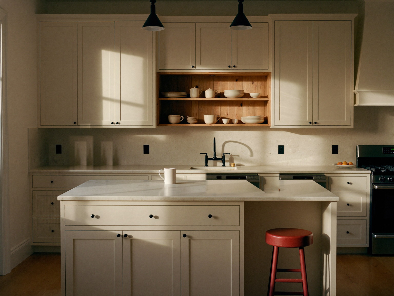 A completed small-town family kitchen seen straight on: cream shaker cabinetry, creamy stone counters, pine open shelf holding plain white ceramics, matte