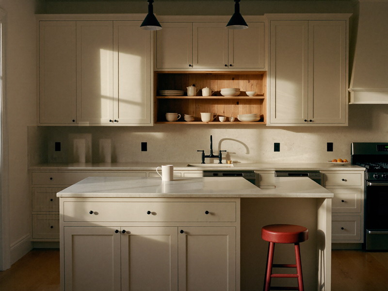 A completed small-town family kitchen seen straight on: cream shaker cabinetry, creamy stone counters, pine open shelf holding plain white ceramics, matte