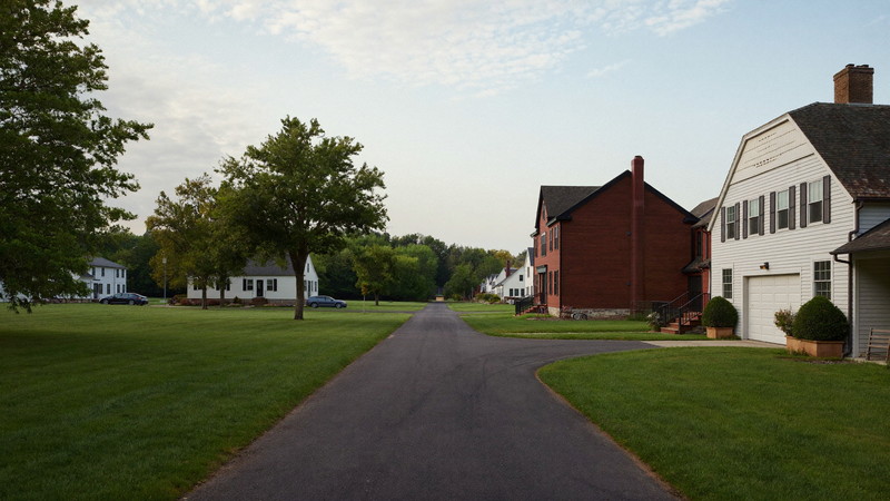 A quiet Millis Massachusetts residential road in soft evening light: modest established colonials, capes, and ranches set apart on deep green lawns, a