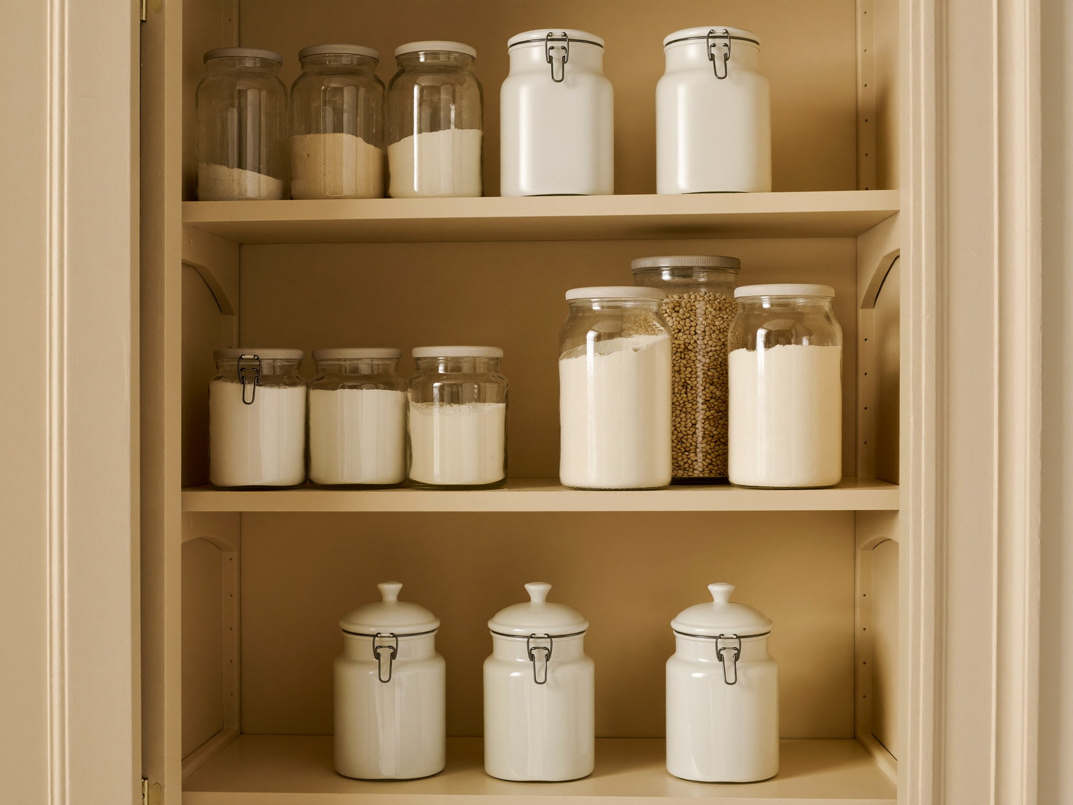Inside a well-kept colonial's pantry cupboard: cream painted shelves holding plain white ironstone and completely smooth plain glass jars of flour, oats,