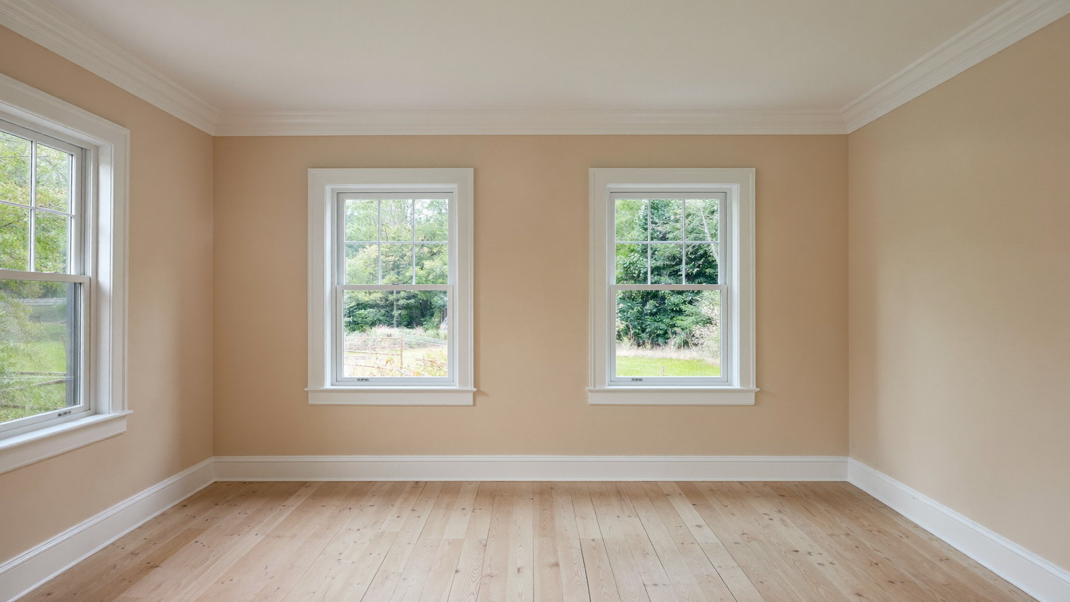 A freshly repainted family room inside a well-kept Millis Massachusetts colonial: soft cream walls, bright white glossy trim and crown molding, restored