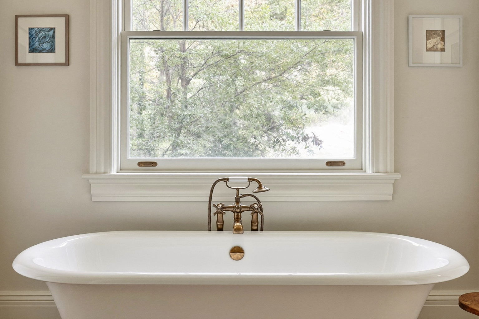 A renovated bathroom in an established Natick colonial: white freestanding tub beneath a wide window with muntins, warm white walls with simple