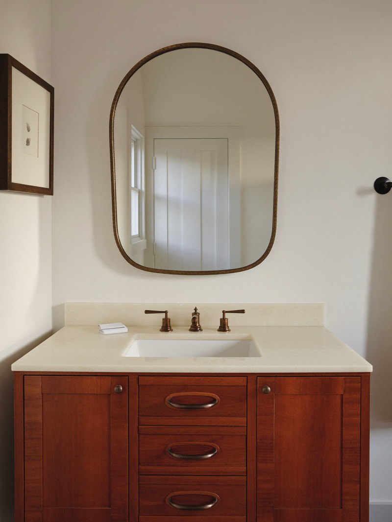 A rich cherry wood bathroom vanity with a pale quartzite top and aged bronze faucet with smooth lever handles, arched bronze-framed mirror on a warm white