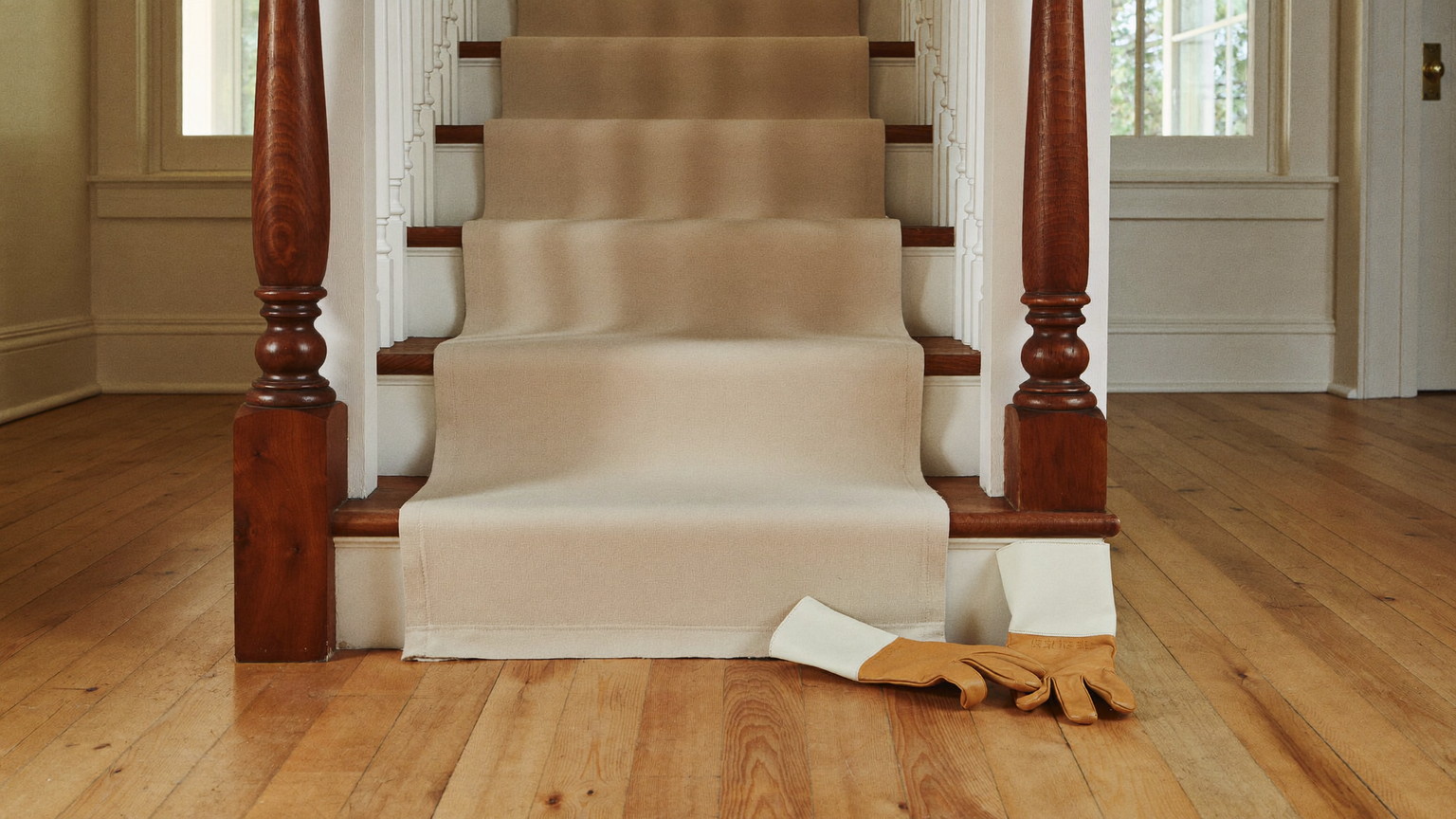 A quiet work moment in the front hall of an established Natick Massachusetts colonial: a folded canvas drop cloth resting on the bottom stair tread beside