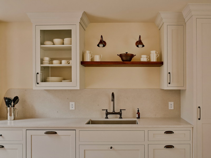 A completed suburban family kitchen seen straight on: warm white inset cabinetry, pale quartzite counters, cherry wood open shelf holding plain cream