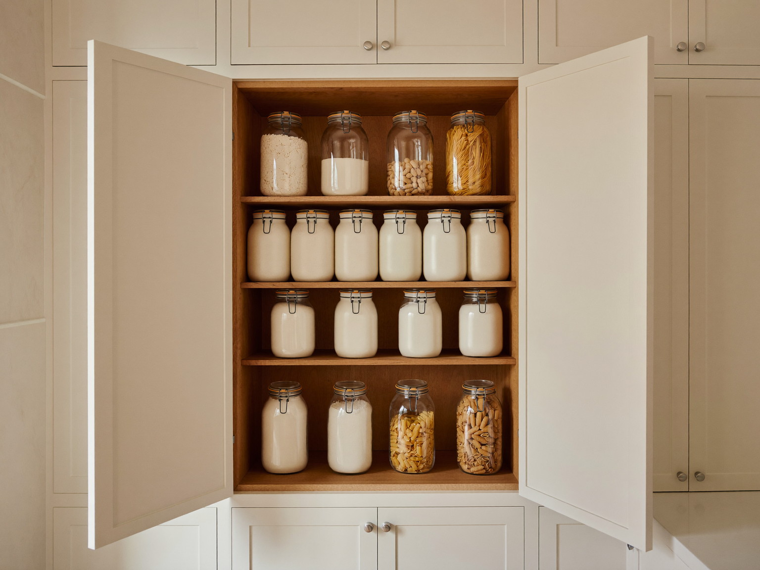 Inside a renovated colonial's walk-in pantry: floor-to-ceiling warm white inset cabinets open to cherry wood shelves holding plain cream ironstone and