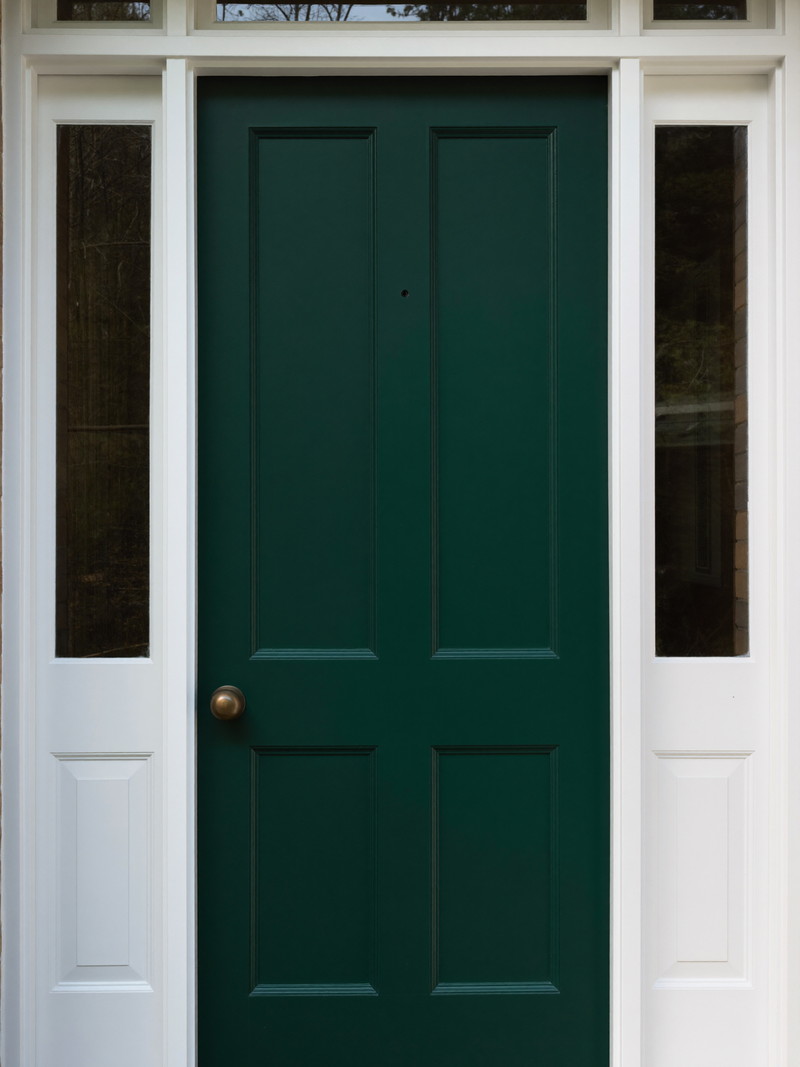 A freshly painted deep green front door on an established Natick colonial: smooth satin finish, white paneled surround with clear glass sidelights, smooth