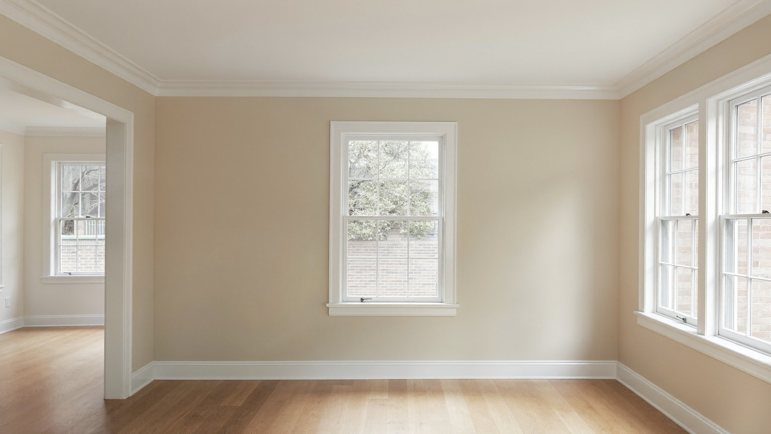 A freshly repainted family room inside an established Natick Massachusetts colonial: soft warm cream walls, bright white glossy trim and crown molding,