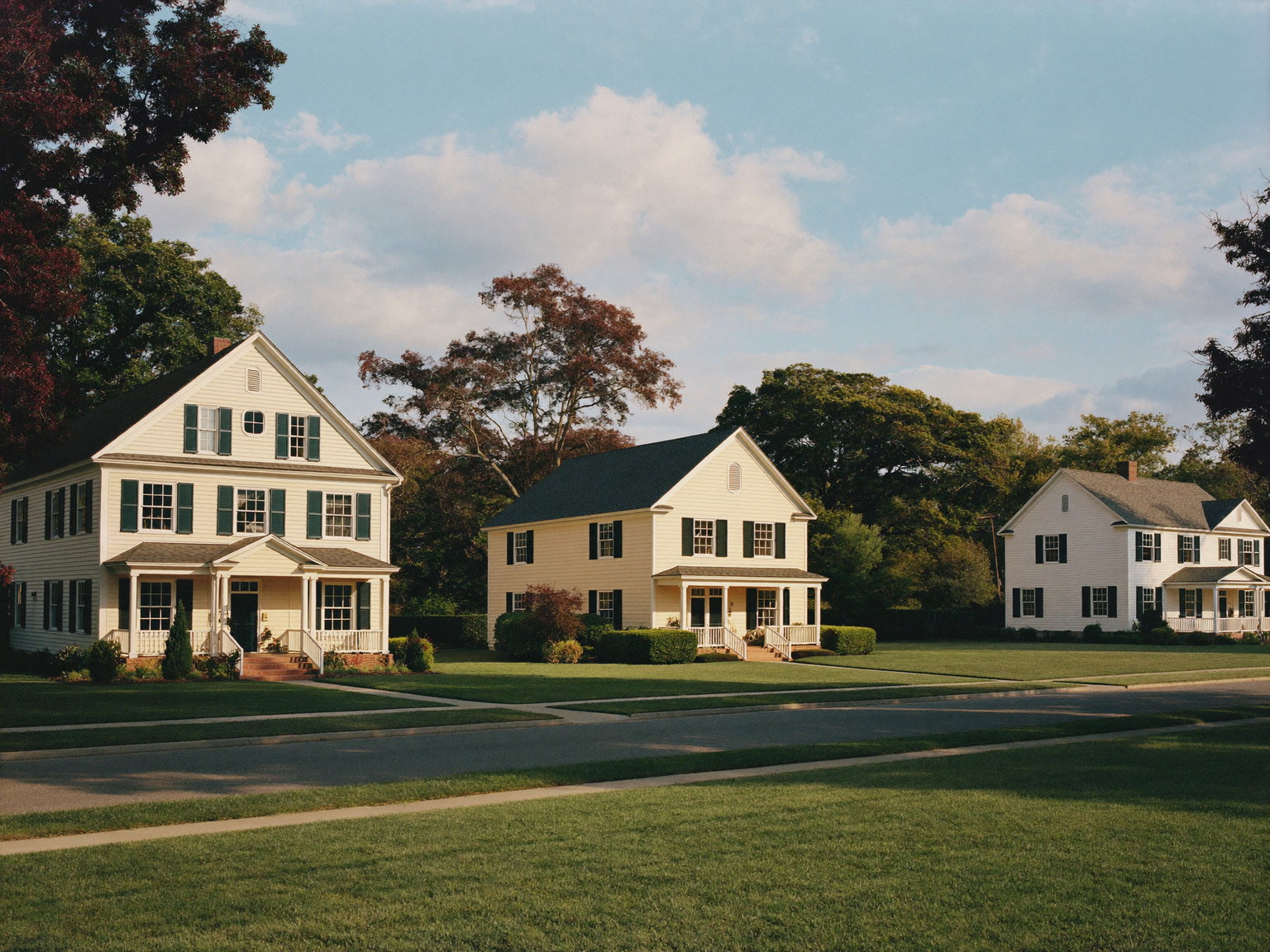 A quiet Natick Massachusetts neighborhood street of established freshly painted family homes: two-story pale yellow and white colonials and capes with