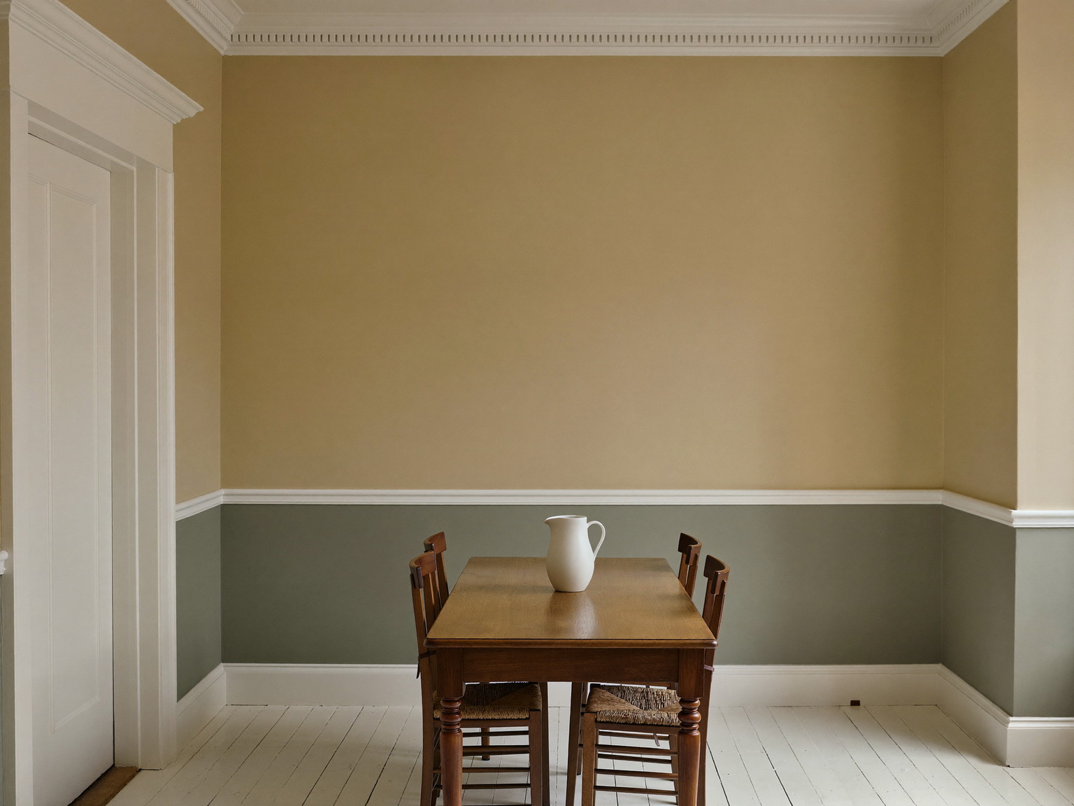 A repainted dining room in an established Natick colonial: soft warm cream walls above a chair rail, muted sage below, glossy white trim and crown