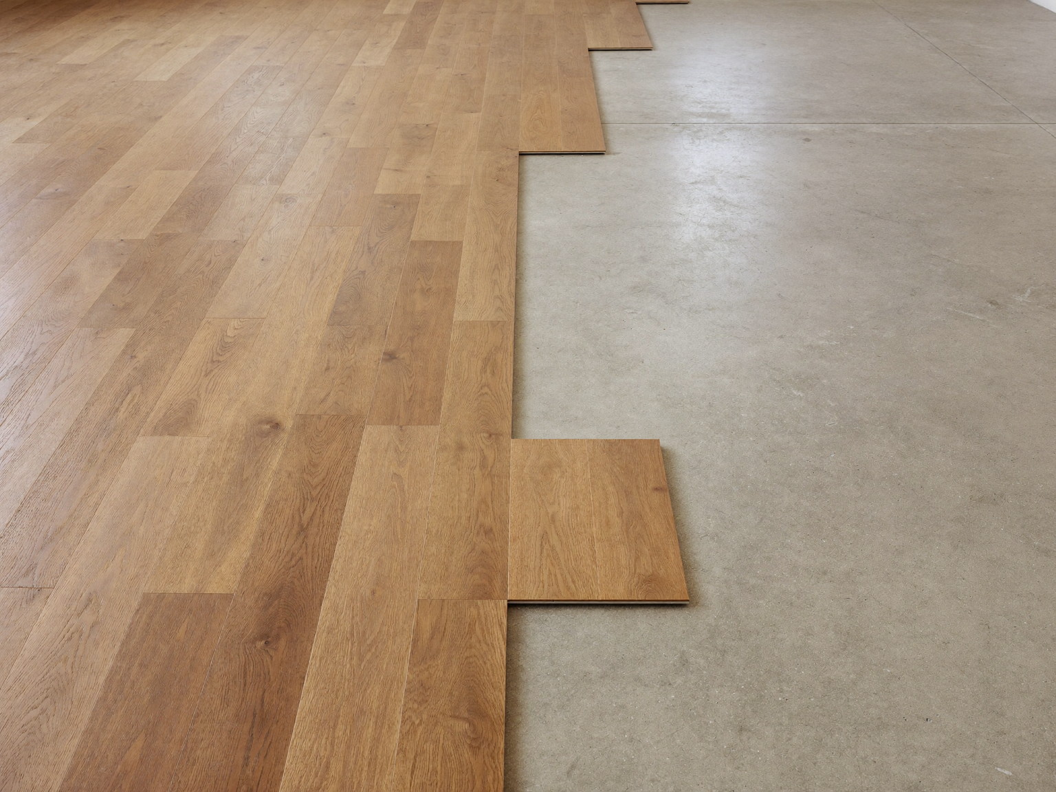 Oak-look plank flooring mid-installation across a clean swept basement floor, the neat transition line showing smooth bare concrete beside finished