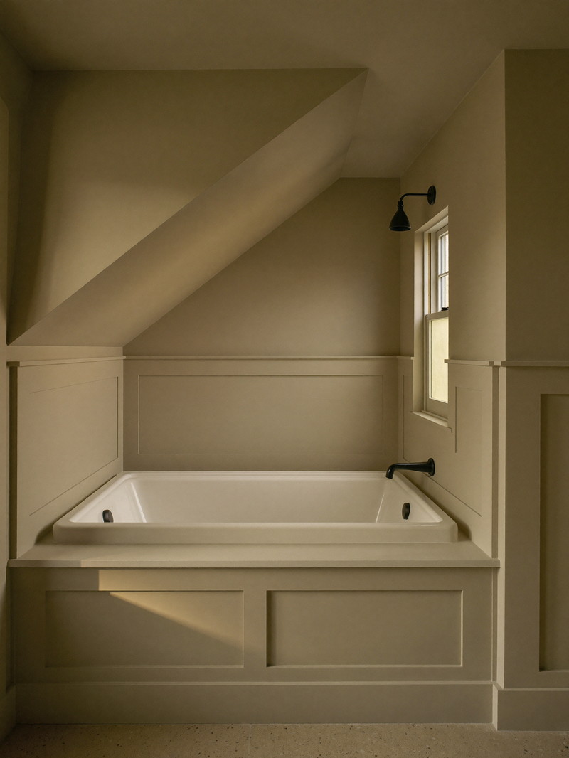 A renovated bathroom under a sloped dormer ceiling in an established Needham cape: white tub, warm greige paneling, matte black fixtures, narrow window
