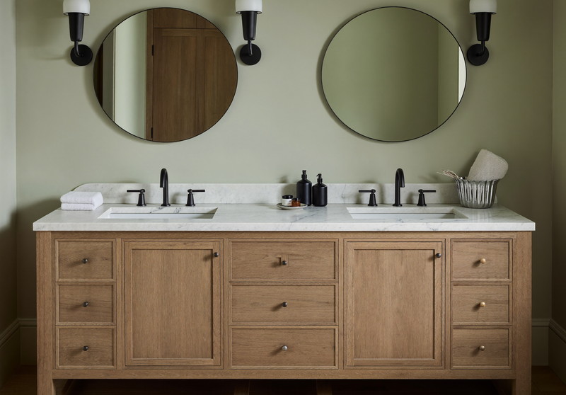A double white oak vanity with honed white stone top under two round black-framed mirrors, matte black sconces, warm greige walls, established suburban