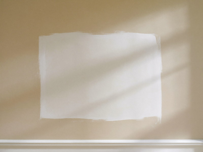 A smoothly patched and sanded plaster wall section in an established home, feathered edges blending into the original surface, dust brushed clean, raking