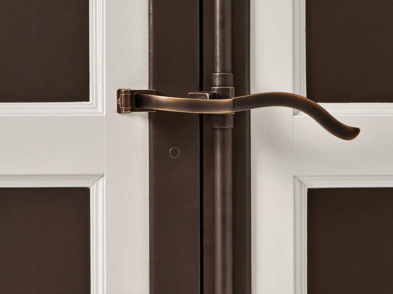 Close view of a traditional dark bronze window sash lock with a curved swing arm where two white painted wooden sashes meet, smooth plain metal, crisp