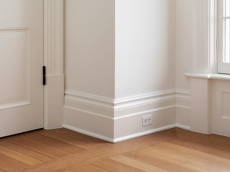 A restored corner of an established colonial room: crisp white baseboard and door casing meeting refinished honey oak floor, freshly painted warm white