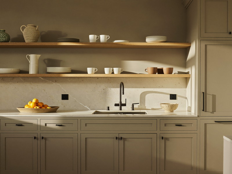 A completed suburban family kitchen seen straight on: warm greige inset cabinetry, honed white stone counters, white oak open shelf holding plain white