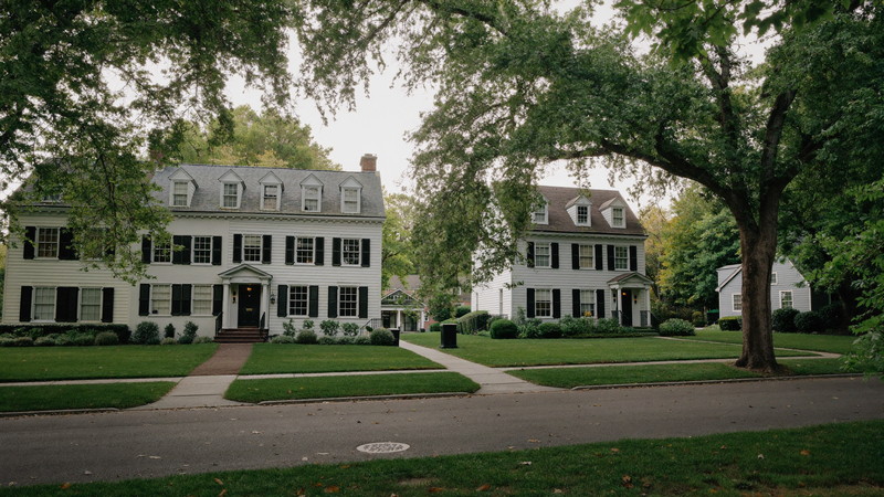 A leafy Needham Massachusetts residential street in soft evening light: established colonials and capes set apart on green lawns, black shutters, mature