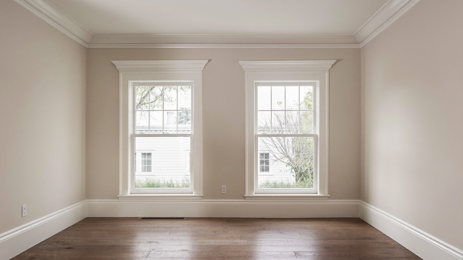 Editorial photograph of a freshly repainted family room in an established Needham Massachusetts colonial: soft warm white walls, bright white glossy trim