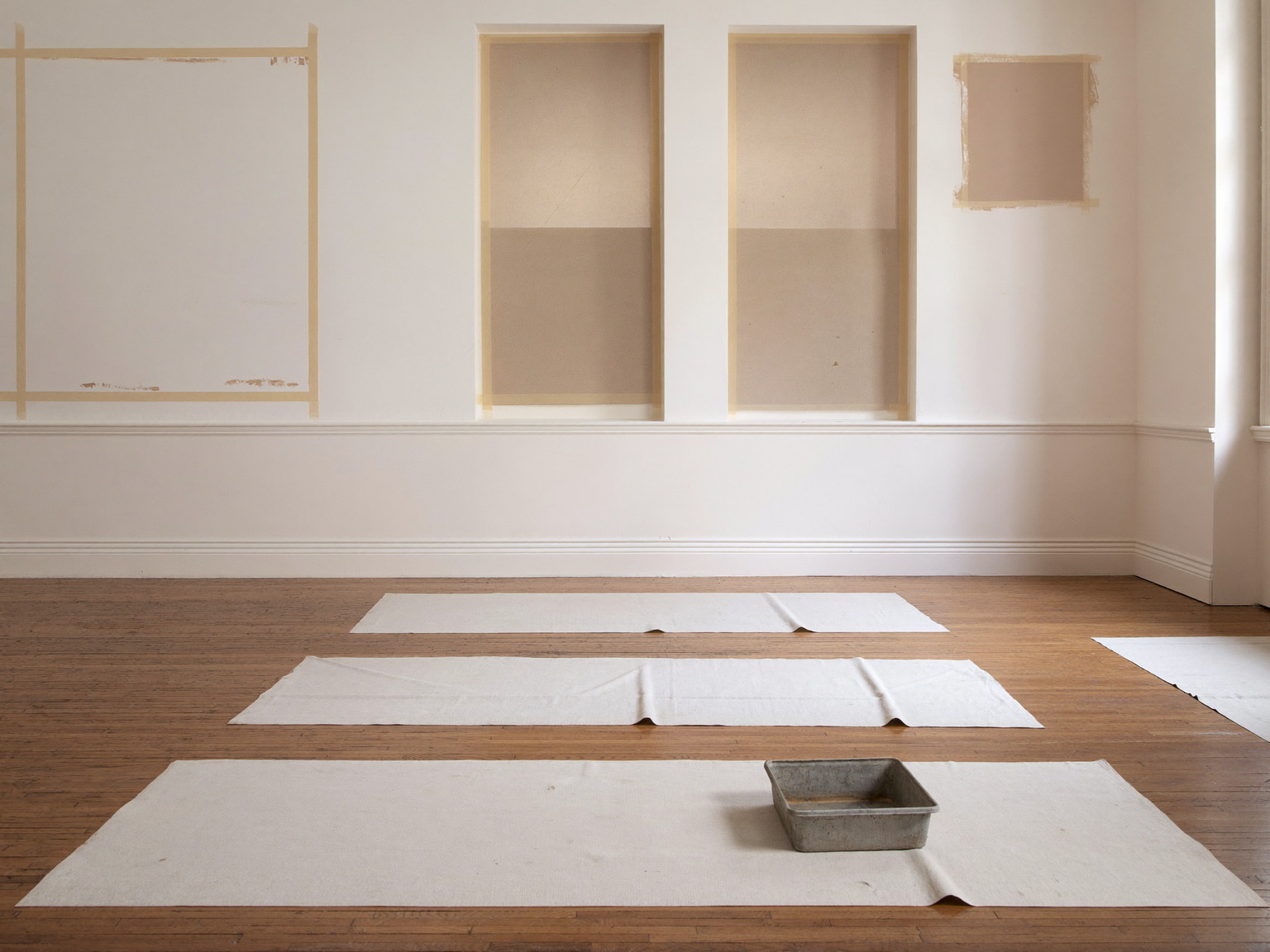 Careful interior painting preparation in an established colonial: clean canvas drop cloths over oak floors, casings masked with plain tape, patched