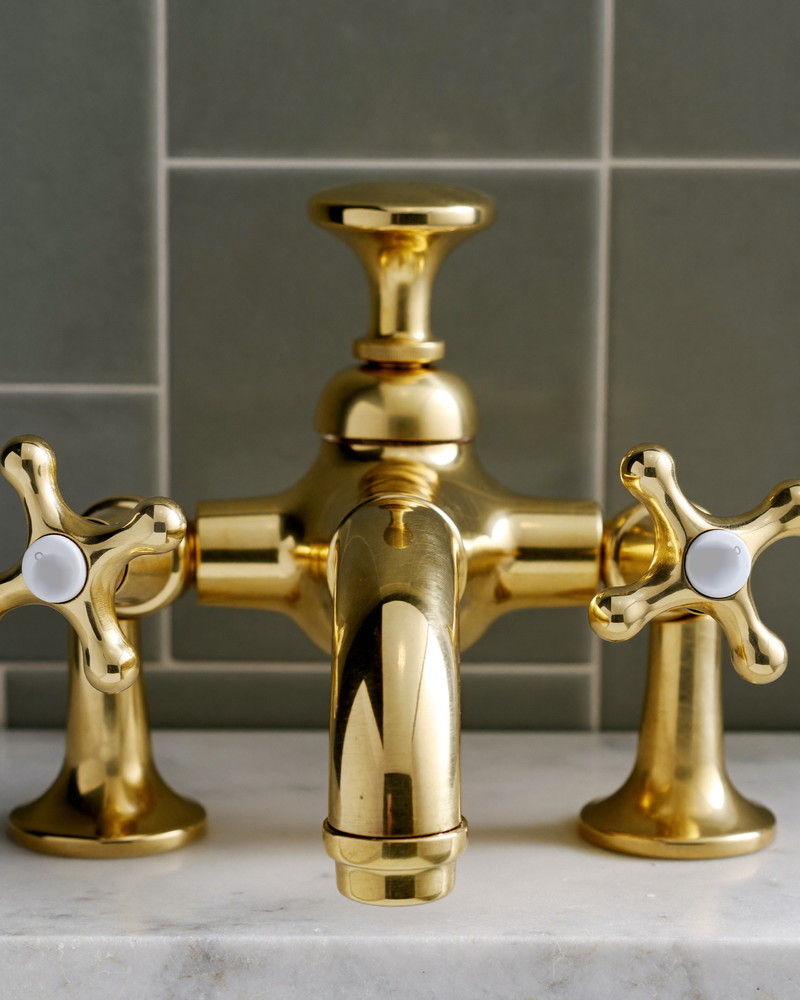 Polished brass bath spout and cross handles mounted on carrara marble