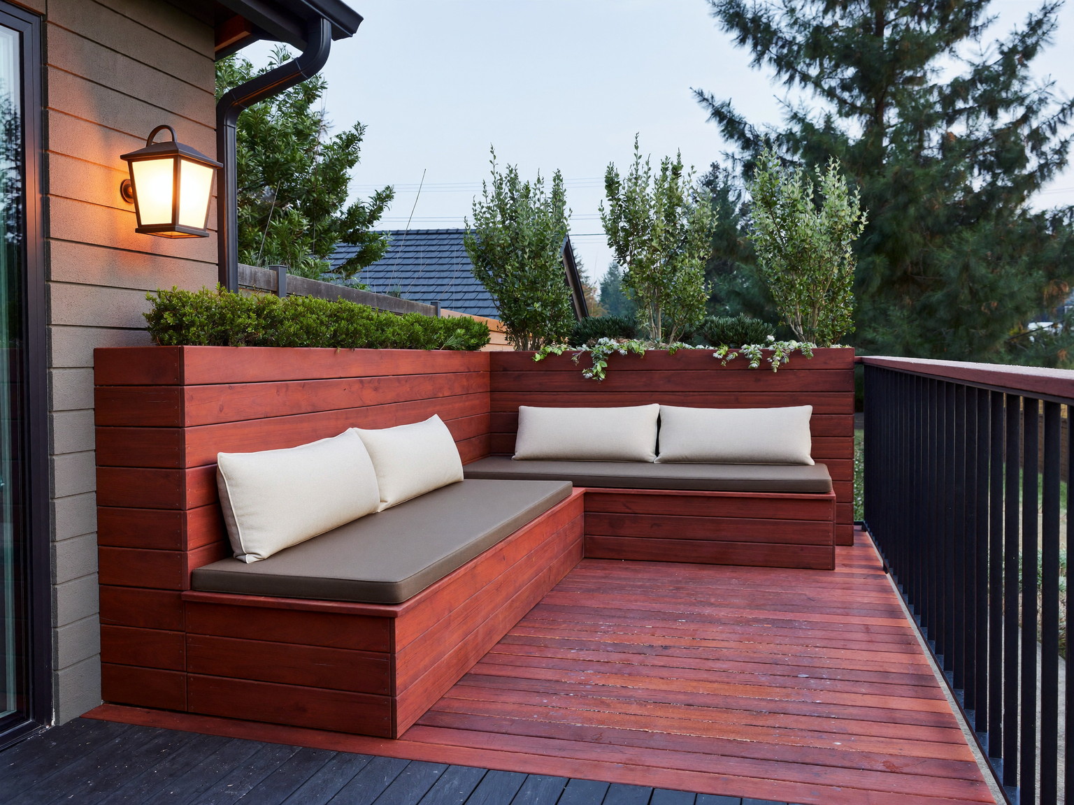 Completed deck seating corner with built-in bench, planters, and black railing at dusk — illustrative deck imagery