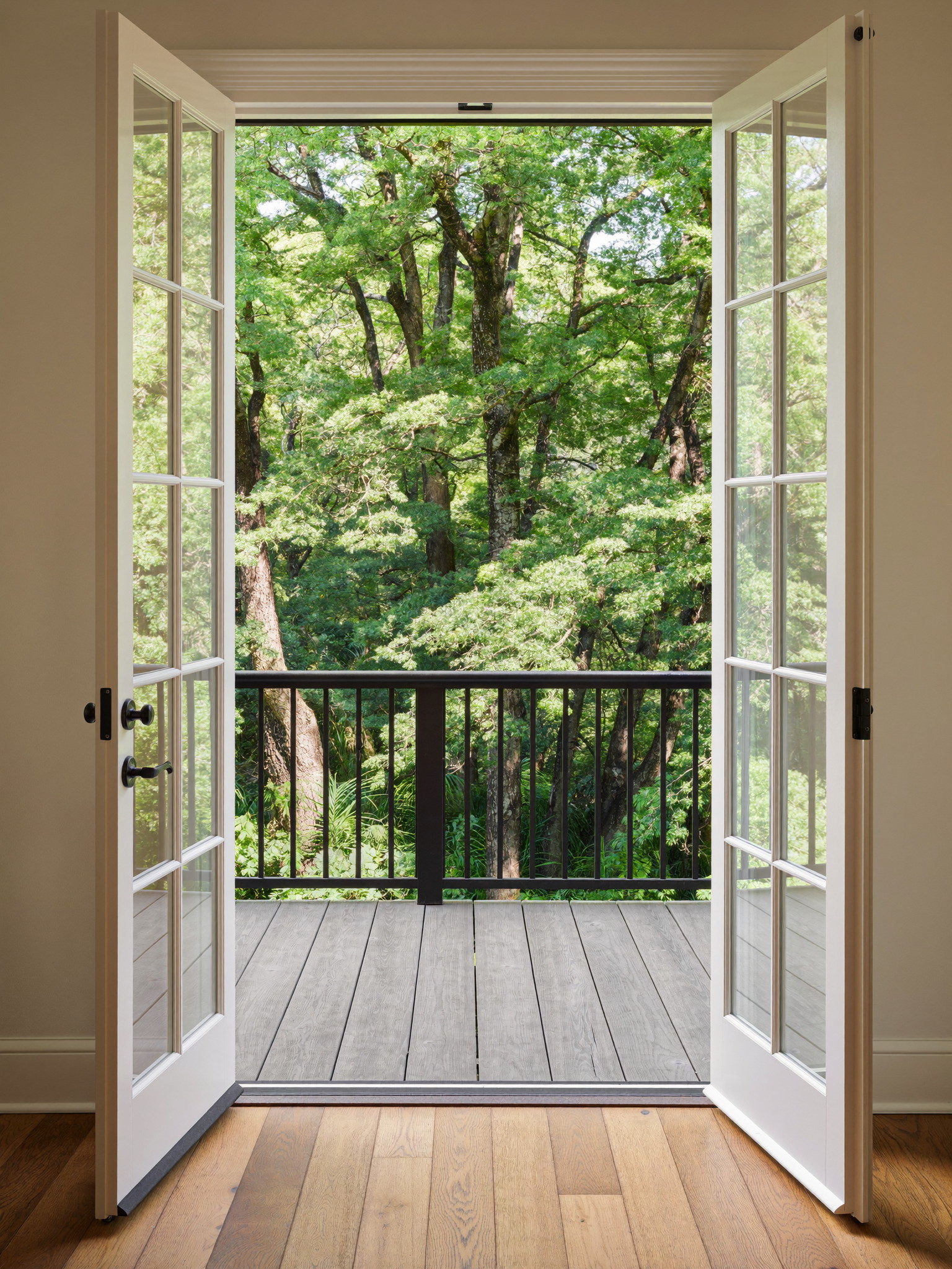 View through an open glass kitchen door onto a composite deck with black railings and green trees beyond