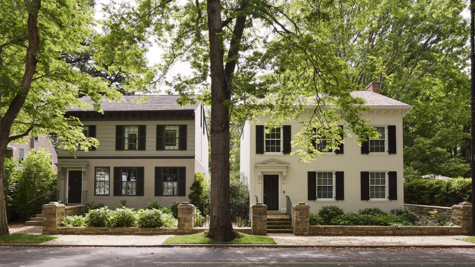 Quiet Newton residential street in summer with mature trees and a white colonial