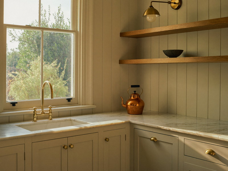 Corner of a finished colonial kitchen with cream cabinetry, butcher-block counter, and summer light outside