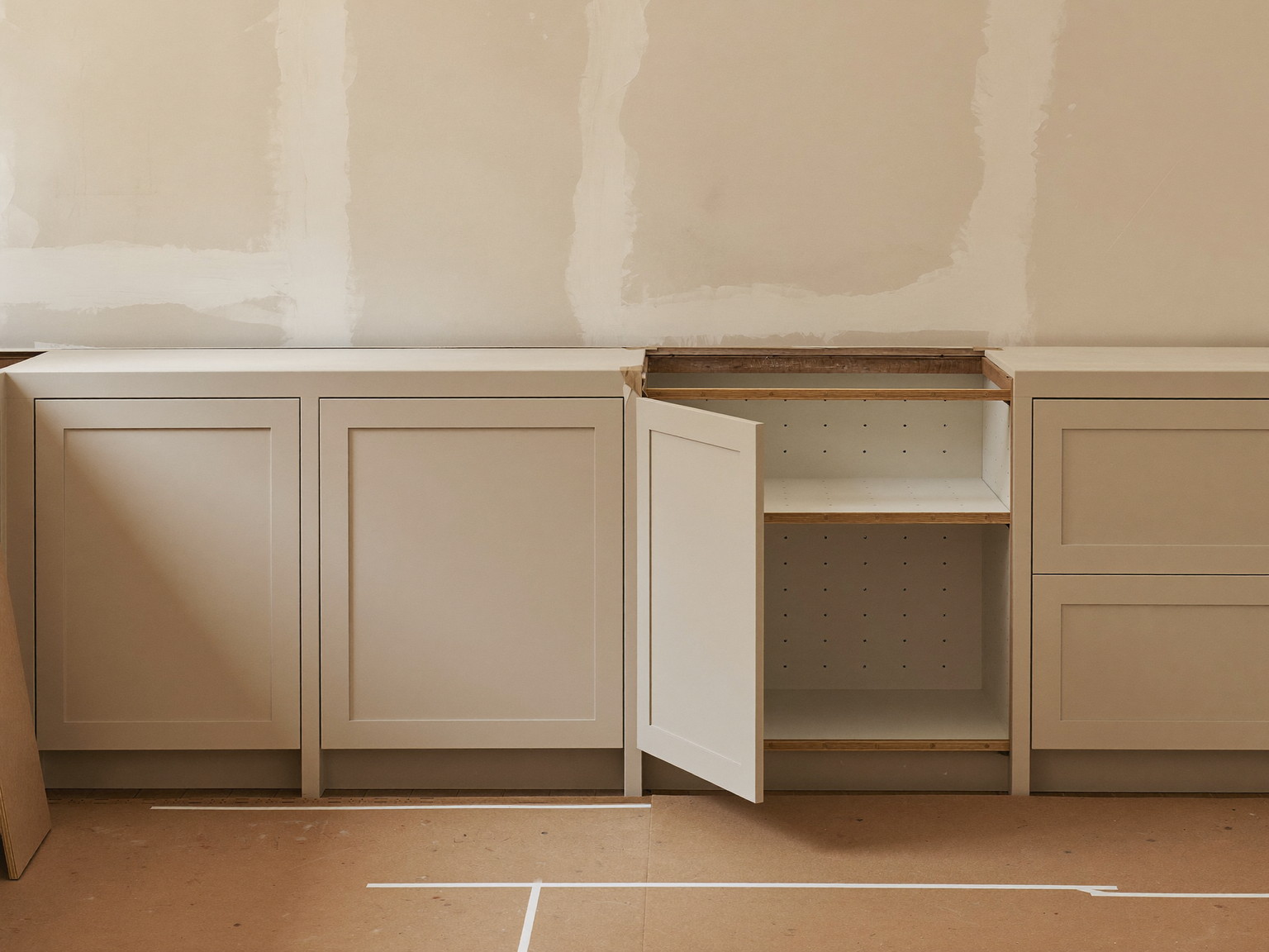 Mid-renovation kitchen with inset cabinets installed and leveled and the floors under clean protection