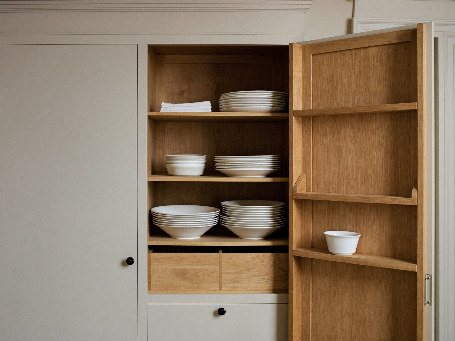 Custom pantry storage with oak-faced drawers and open shelves holding plain white ironstone dishes
