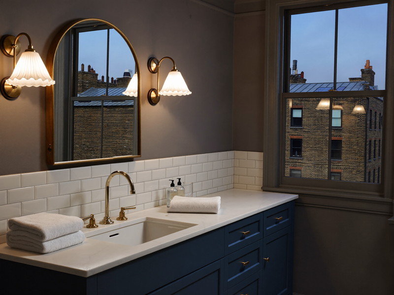 Finished bathroom at dusk with lit brass sconces, arched mirror, and sage tile glowing warm