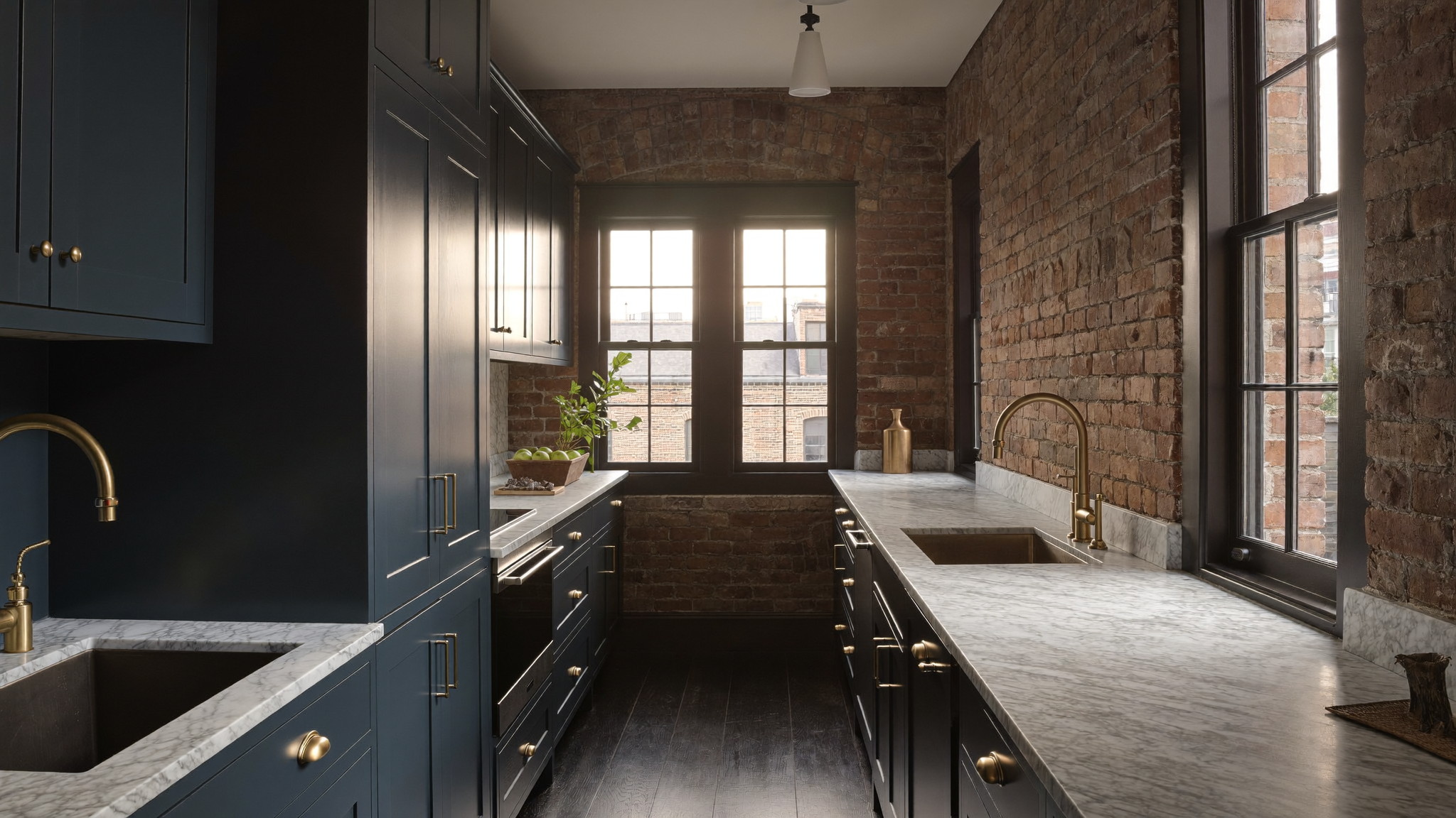 Remodeled narrow brownstone kitchen with a forest-green island, cream perimeter cabinets, brass library lights, and tall original windows