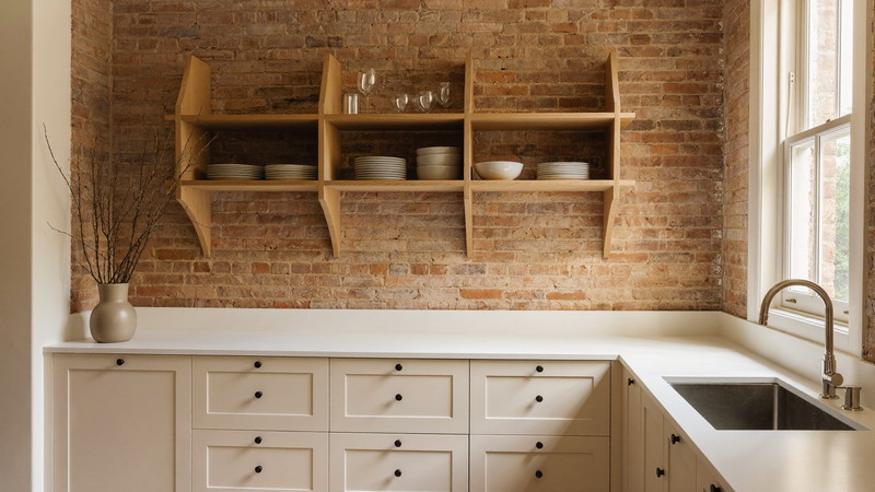 South End brownstone kitchen renovated with warm cream cabinetry against original exposed brick