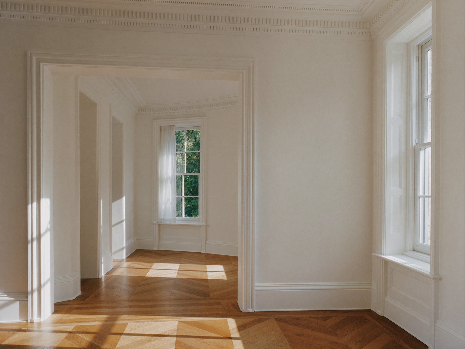 Finished living room with fresh warm white walls and clean trim lines — illustrative imagery