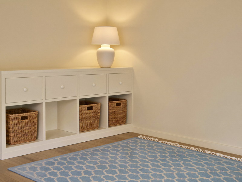 A bright finished basement playroom corner: cream built-in cubbies holding plain woven baskets, soft blue patterned rug over oak-look flooring, warm cream