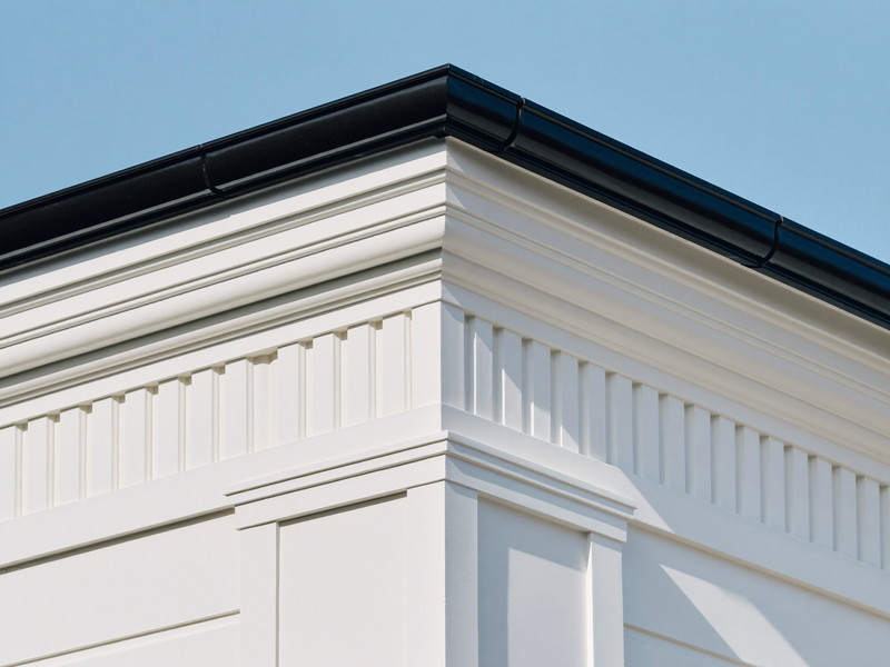 Detail of a freshly painted white cornice with crisp dentil trim on a classic colonial, clean straight lines against a clear sky, afternoon light