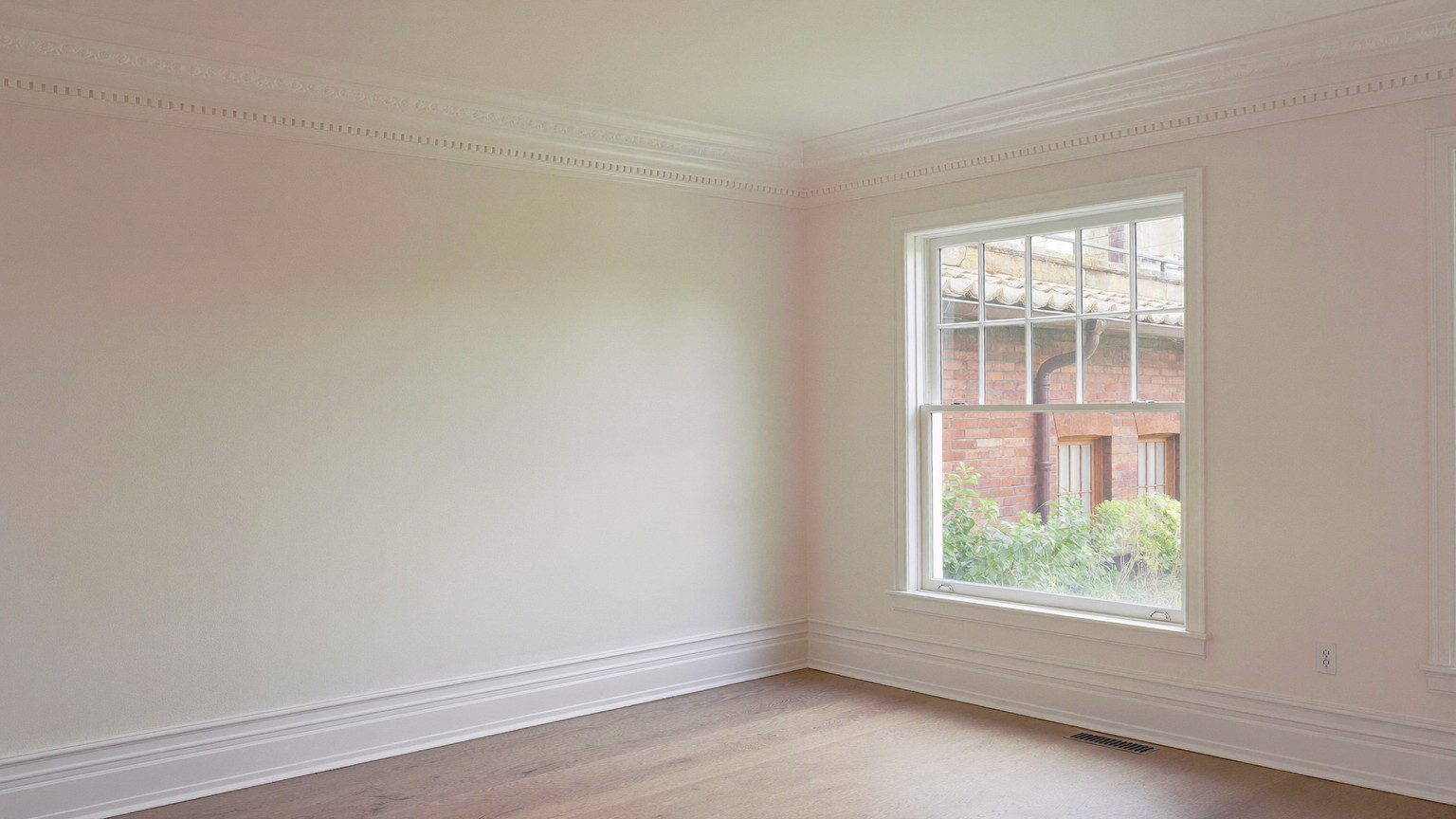 Editorial photograph of a freshly repainted living room in a classic Wellesley Massachusetts colonial: soft warm white walls, bright white glossy detailed trim